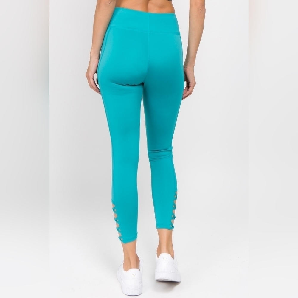 Active Women's Peacock Teal High Waist Criss-cross Ankle Leggings Size S NWT - Picture 3 of 11